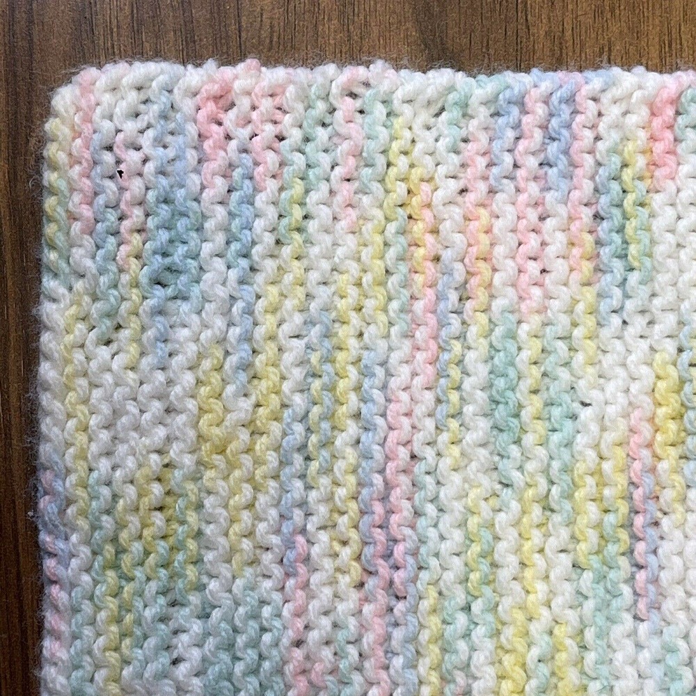 Hand Knitted Pastel Baby Blanket 44x36 Handmade Lightweight Boys Girls Crib - Picture 3 of 5